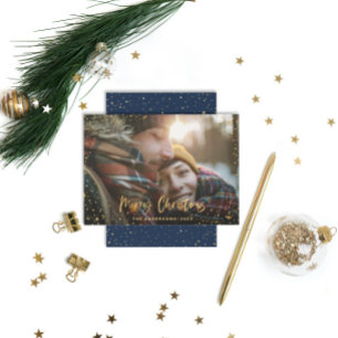 Gold script stars Christmas 1 photo navy holiday Card