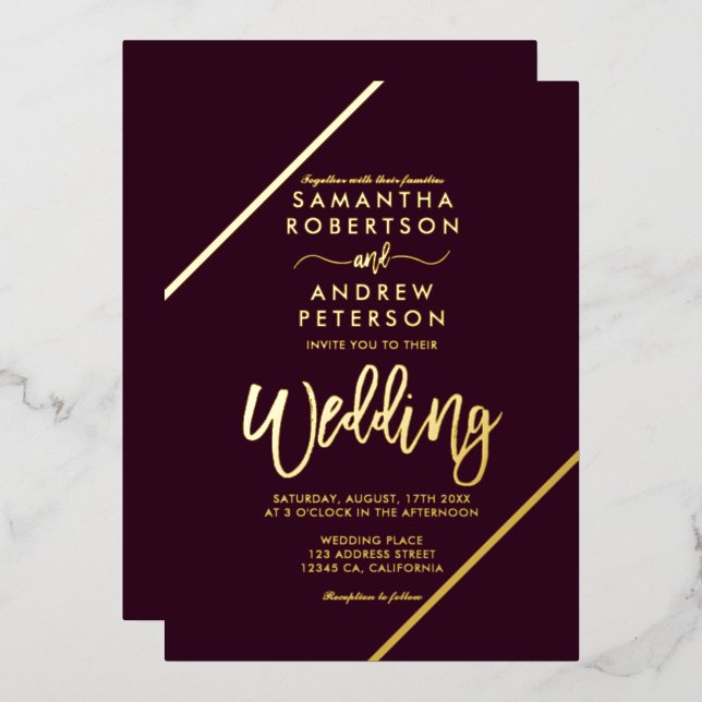 Gold script stripes plum red wedding foil invitation (Front/Back)