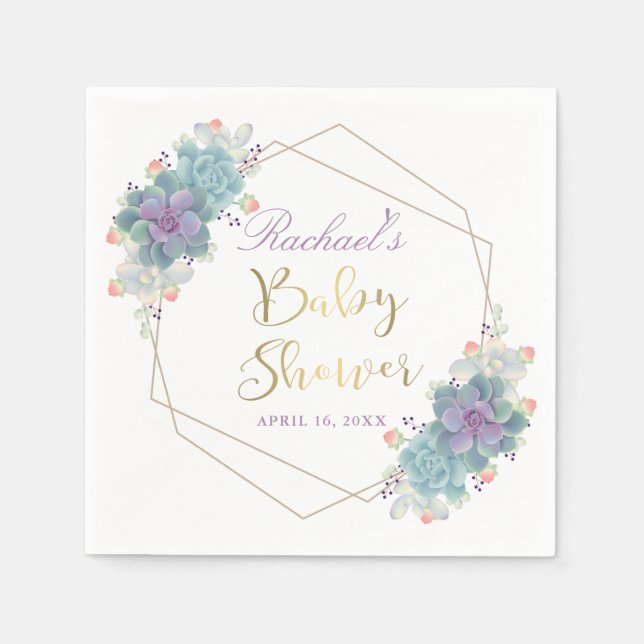 Gold Script Succulents Gold Geometric Baby Shower Napkins (Front)