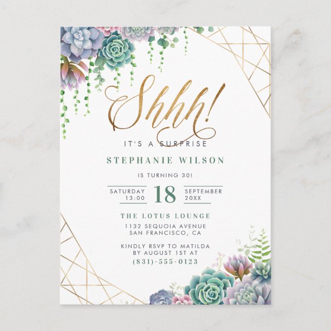 Gold Script & Succulents Surprise Birthday Party Invitation Postcard (Front)