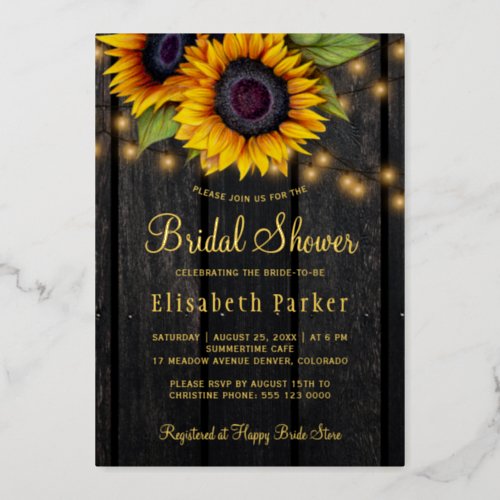 Gold script sunflowers country wood bridal shower foil invitation