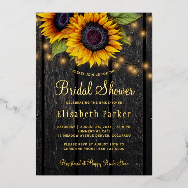 Gold script sunflowers country wood bridal shower foil invitation (Front)