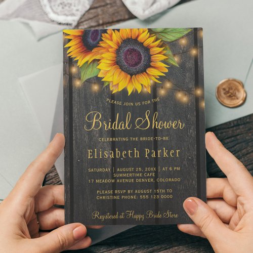 Gold script sunflowers country wood bridal shower invitation