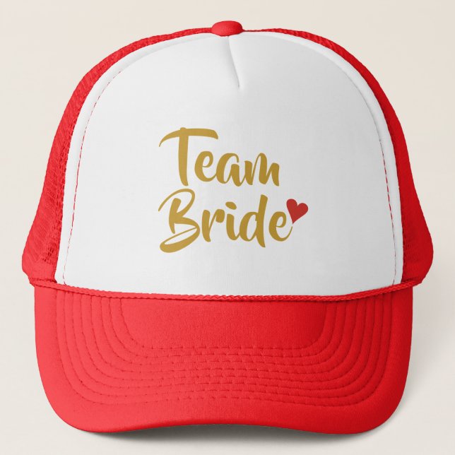 Gold Script Team Bride Cute Red Love Heart Trucker Hat (Front)