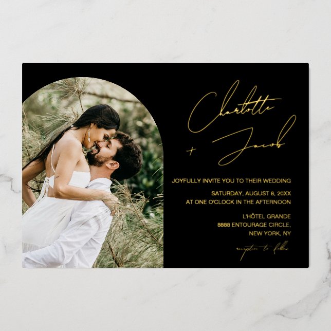 Gold Script Text Names on black Photo Wedding  Foil Invitation (Front)