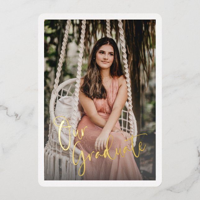 Gold Script Text Overlay Graduation Photo Foil Invitation (Front)
