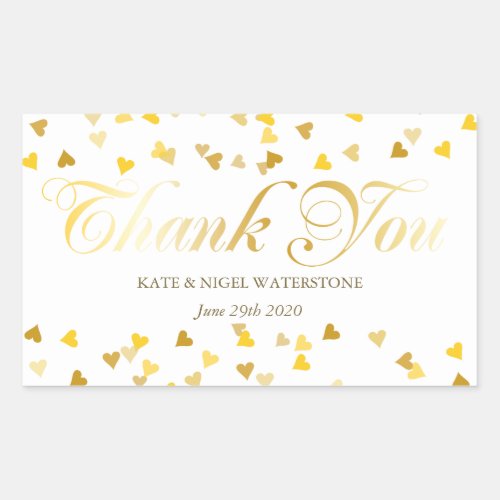 Gold Script Thank You and Golden Hearts Confetti Rectangular Sticker