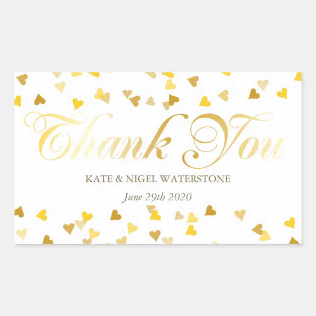 Gold Script Thank You and Golden Hearts Confetti Rectangular Sticker ...