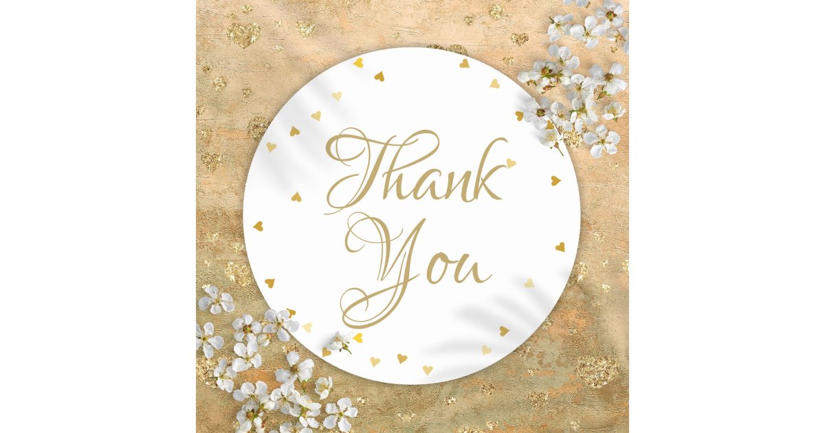 Gold Script Thank You Love Hearts Confetti Classic Round Sticker | Zazzle
