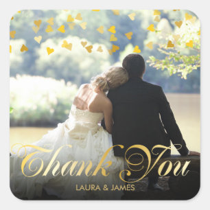 Gold Script Thank You Photo Gold Confetti Square Sticker