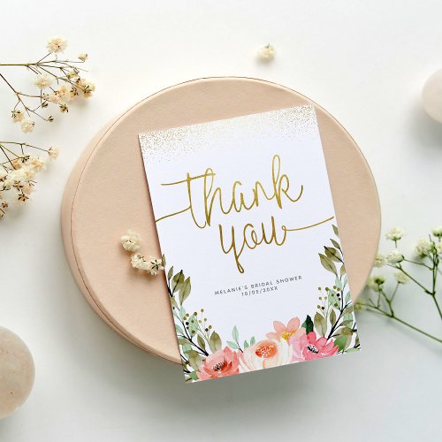 Gold Script Thank You  Pink Watercolor Floral 