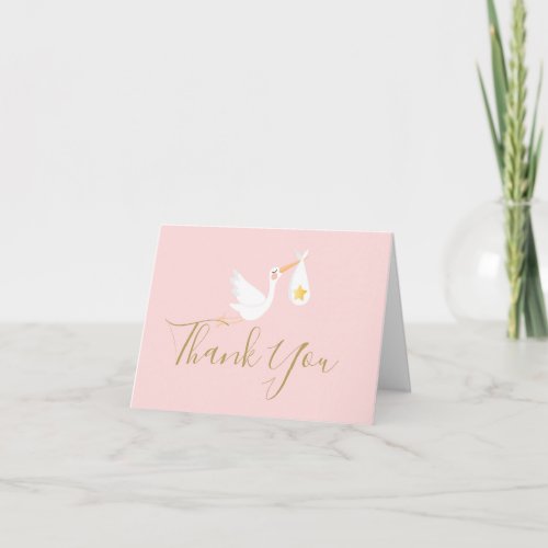 Gold Script Thank You Stork Baby Girl Pink Card