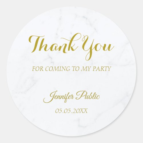 Gold Script Thank You Template White Marble Classic Round Sticker