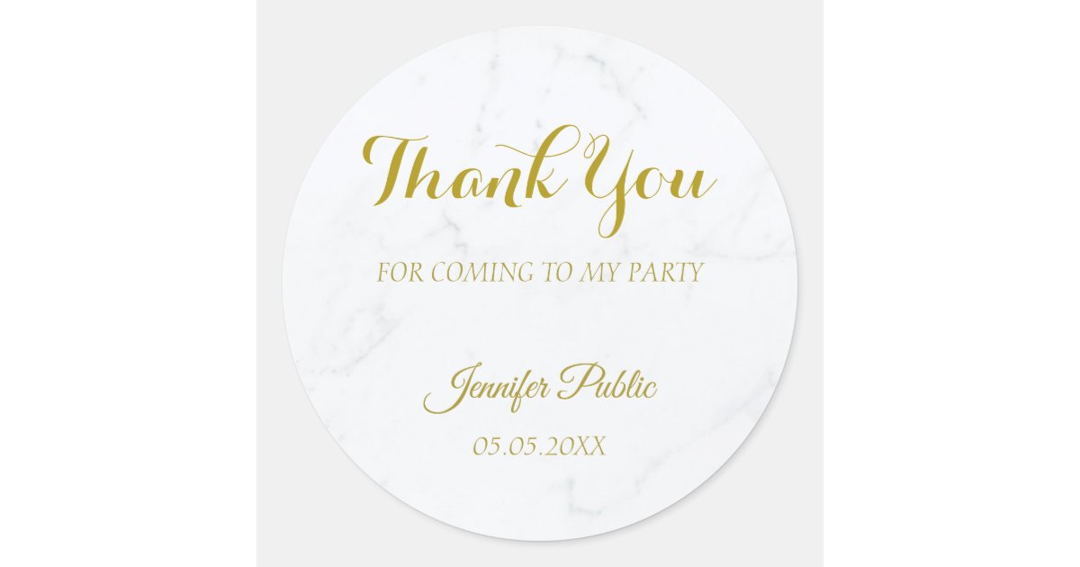 Gold Script Thank You Template White Marble Classic Round Sticker | Zazzle