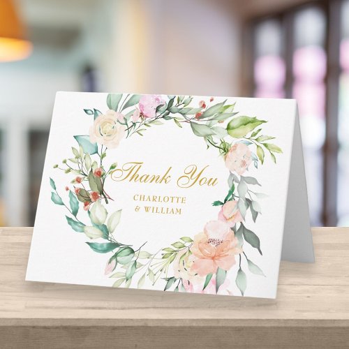 Gold Script Thank You Watercolour Roses Floral Card