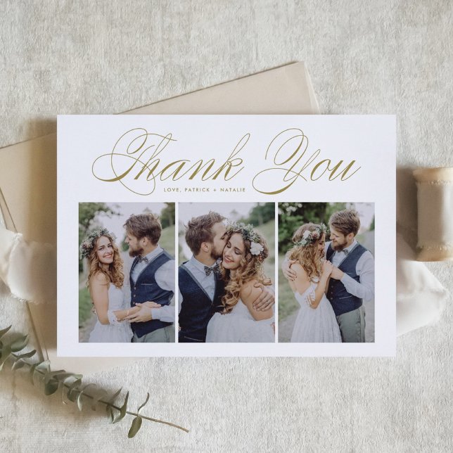 Gold Script Three Photo Collage Wedding Letterpress Thank You Card (Creator Uploaded)