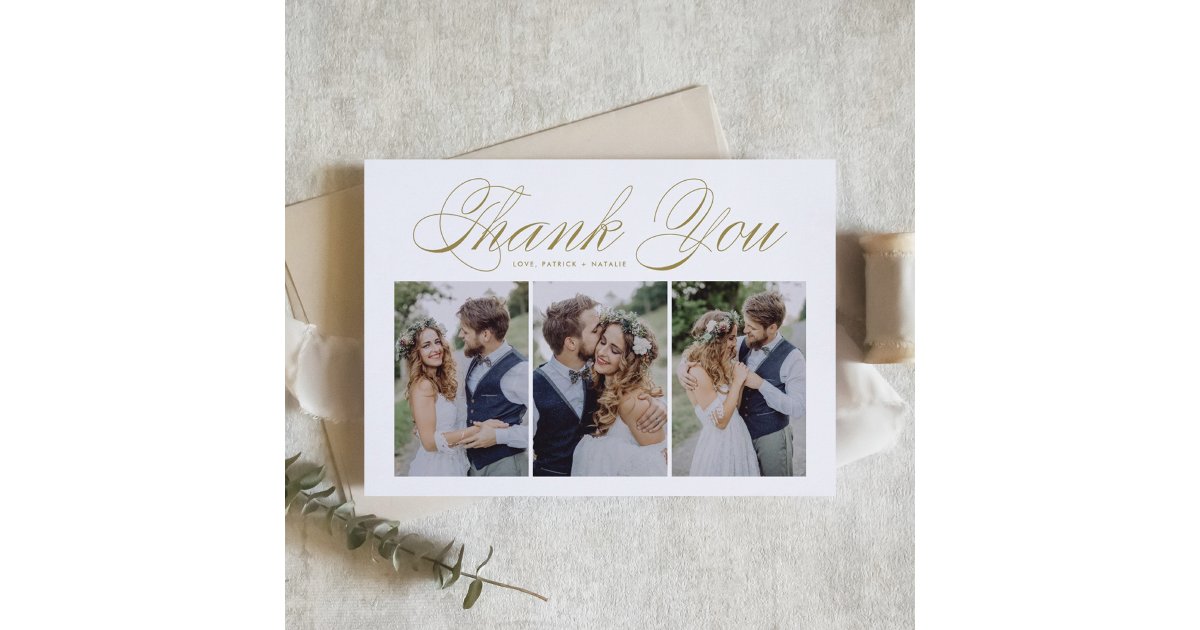 Gold Script Three Photo Collage Wedding Thank You Card | Zazzle