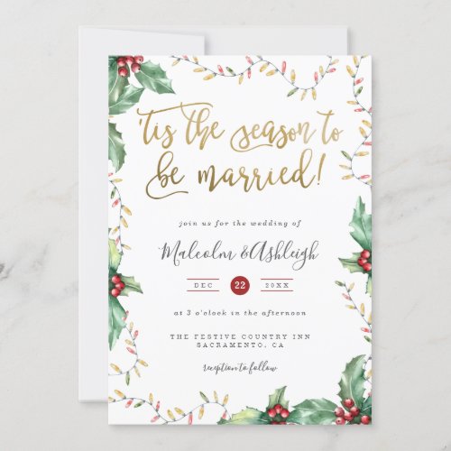 Gold Script Tis The Season Christmas Wedding Holiday Card