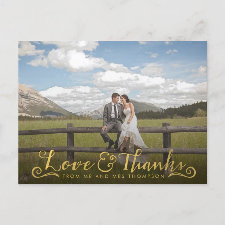 Gold Script Typography Thank You Photo Postcard | Zazzle