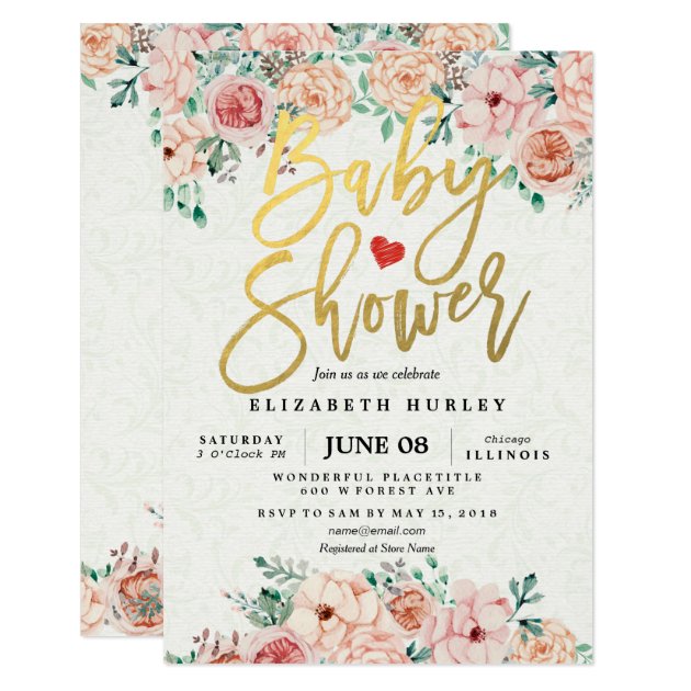 Gold Script & Watercolor Floral Baby Shower Invite