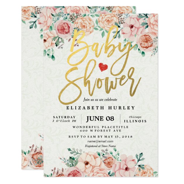 Gold Script & Watercolor Floral Baby Shower Invite