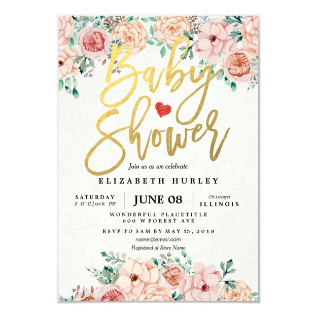 Gold Script & Watercolor Floral Baby Shower Invite