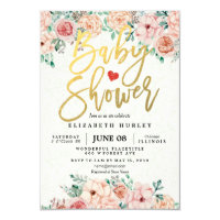 Gold Script & Watercolor Floral Baby Shower Invite
