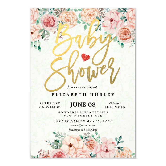 Gold Script Watercolor Floral Baby Shower Invite Zazzle Com