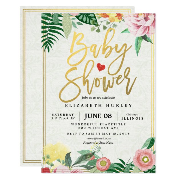 Gold Script & Watercolor Floral Baby Shower Invite