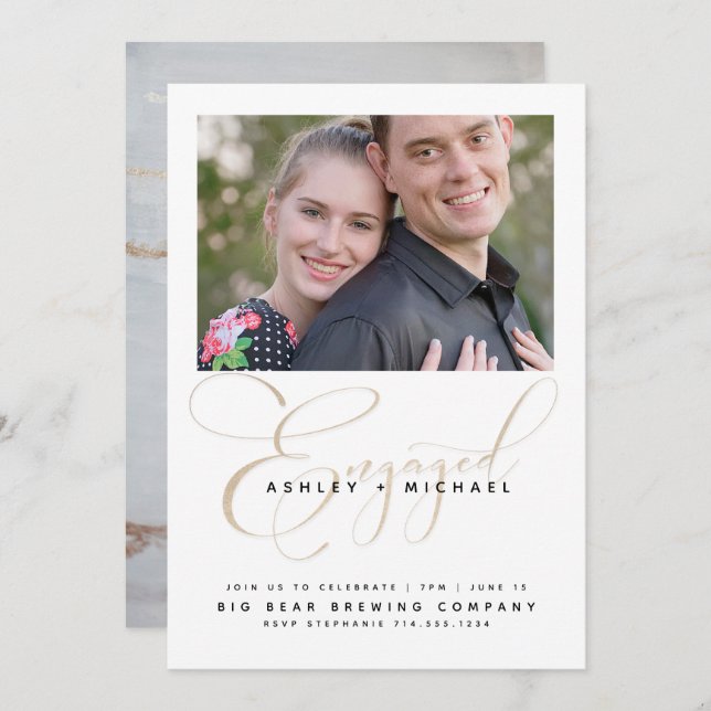 Gold Script Watercolor Photo Engagement Party Invitation (Front/Back)