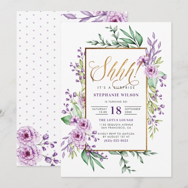 Gold Script Watercolor Surprise Birthday Party Invitation (Front/Back)
