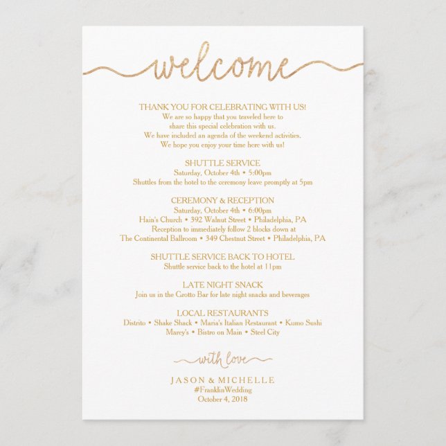 Gold Script Wedding Itinerary - Wedding Welcome Program (Front)