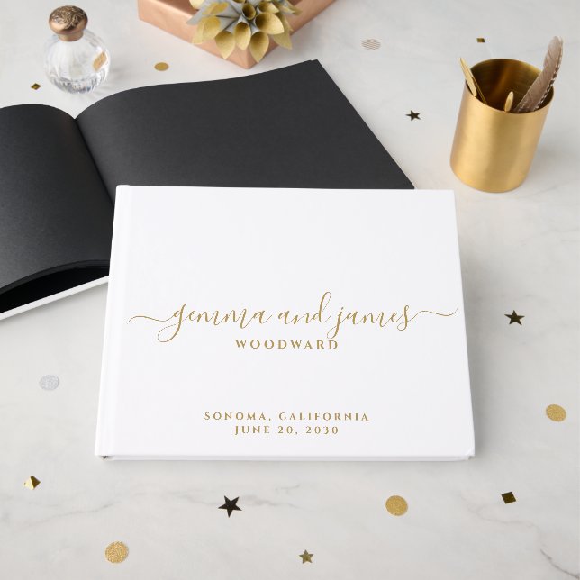 Gold Script Wedding Name Monogram Black Pages Guest Book (Front Open)