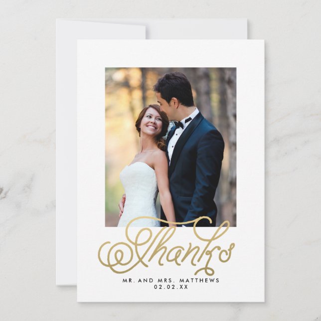 Gold Script Wedding Photo Thank You Card (Front)
