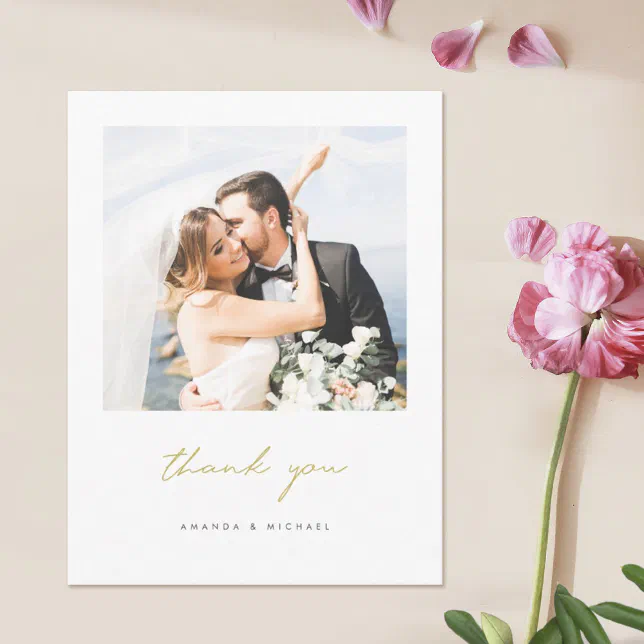 Gold Script Wedding Photo Thank You Postcard | Zazzle
