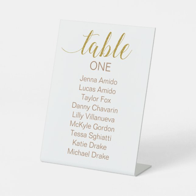 Gold Script Wedding Seating Chart Table Number Pedestal Sign (Front)