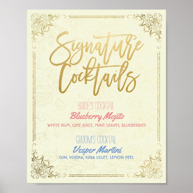 Gold Script Wedding Signature Cocktail Drink Menu Poster (Front)