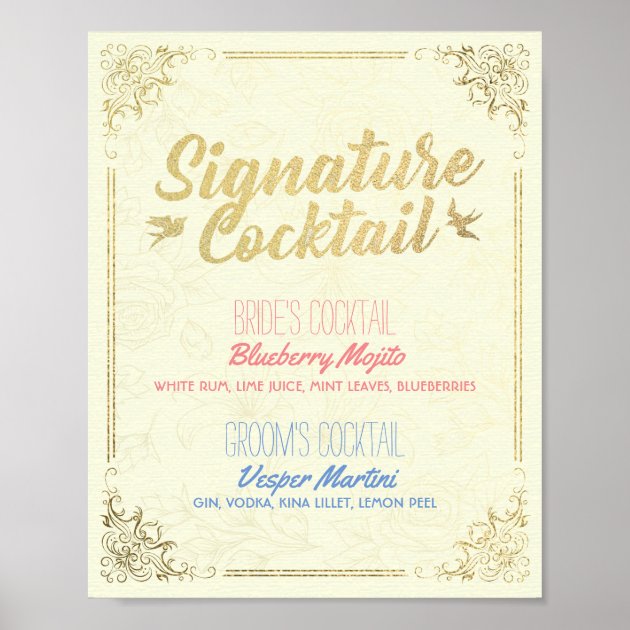 Gold Script Wedding Signature Cocktail Drink Menu Poster