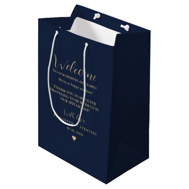 Gold script wedding welcome bag hotel guest bags  (Front Angled)