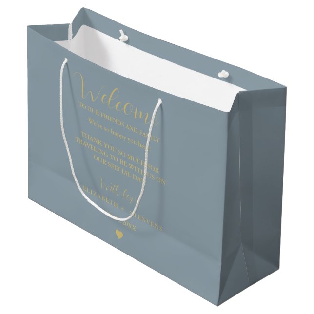 Gold script wedding welcome bag hotel guest bags  (Front Angled)