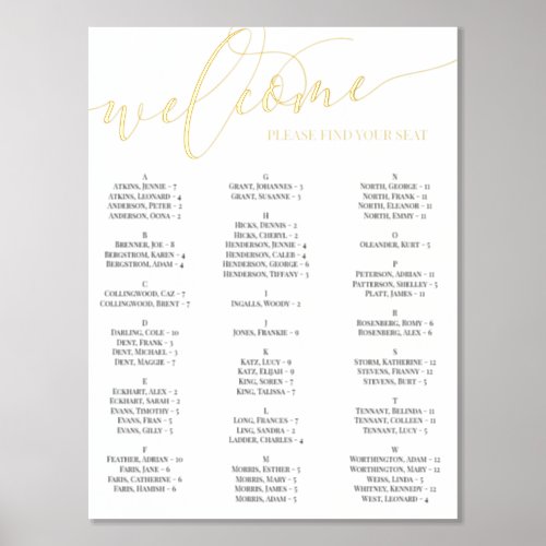 Gold Script Welcome Seating Chart Any Event