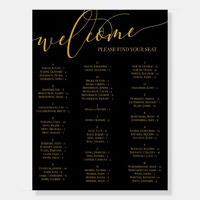 Gold Script Welcome Seating Chart Any Event Foam Board (Front)