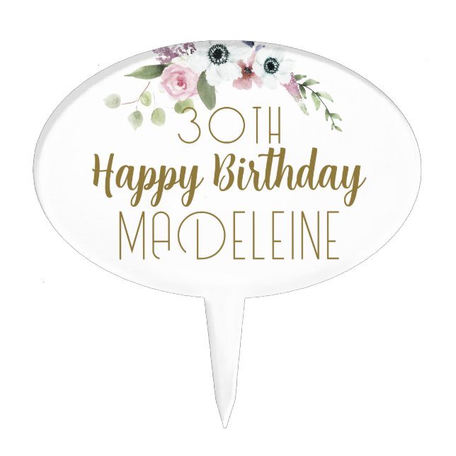 Gold Script White Anemones Classy Happy Birthday Cake Topper (Front)