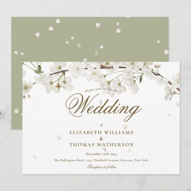 Gold Script White Blossom Floral Wedding  Invitation (Front/Back)