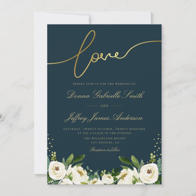 gold script white garden floral navy wedding invitation (Front)