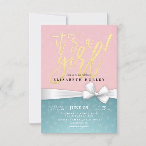 Gold Script White Ribbon Blue Pink Baby Shower Invitation