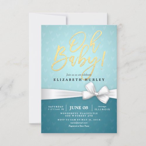 Gold Script White Ribbon Turquoise Baby Shower Invitation