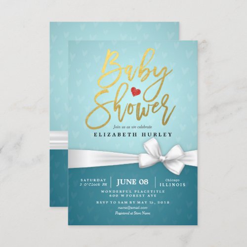 Gold Script White Ribbon Turquoise Baby Shower Invitation
