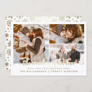 Gold Script Wonders Of His Love Christmas 3 Photo Invitation