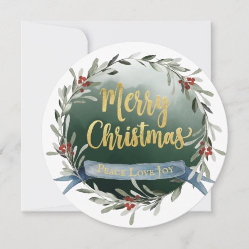 Gold Script Wreath Hanging Ornament Christmas Card